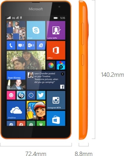 Габариты и элементы управления Lumia 535